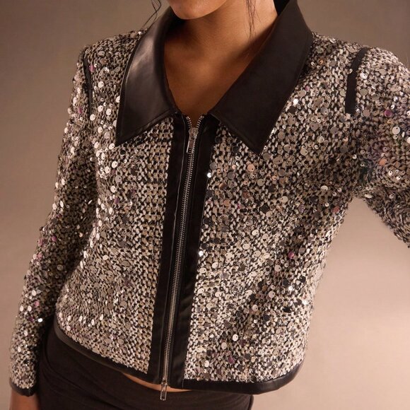 Women's Tweed Sequins Long Sleeve Contrast Zip up Jacket - Picture 4 of 8